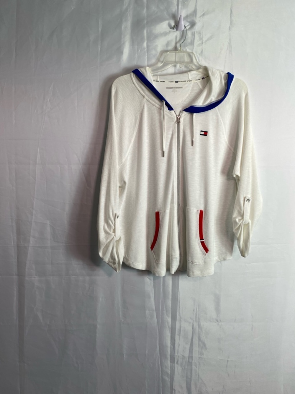 Tommy Hilfiger White Hoodie with Blue Hood Trim and Red Pocket Accents